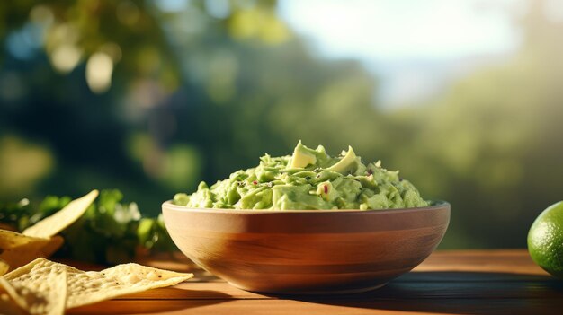 Holzschüssel mit Guacamole und Chips