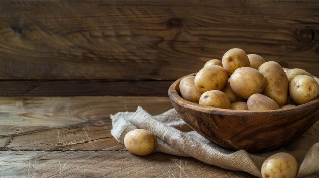 Foto holzschüssel mit kartoffeln auf einem holztisch