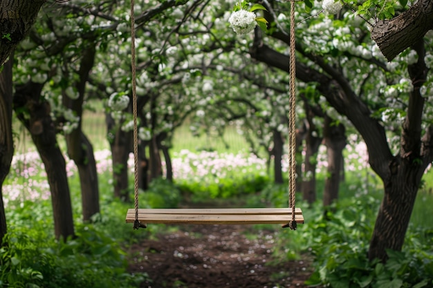 Holzschwinge, die an einem Baum in einem blühenden Garten hängt Generative KI