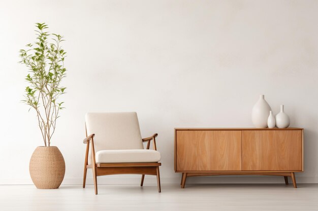 Foto holzsessel und schrank im weißen wohnzimmer mit kopierplatz