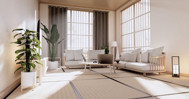 Holzsessel und Trennwand japanisch auf tropischem Interieur des Zimmers mit Tatami-Mattenboden und weißer Wand. 3D-Rendering