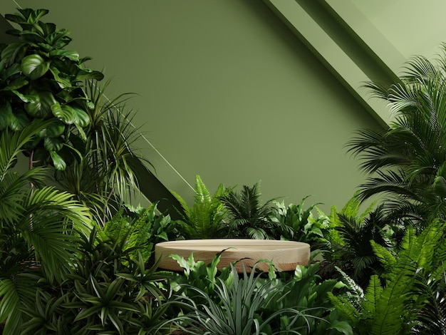 Holzsockel im tropischen Wald für Produktpräsentation und grüne Wand