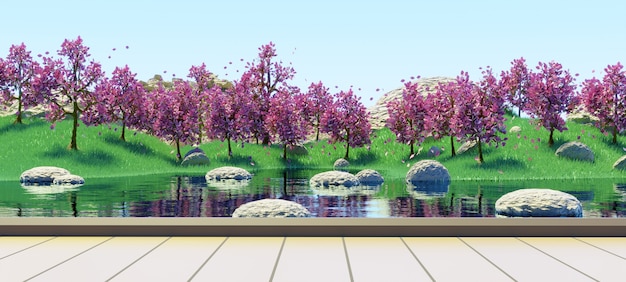 Holzsockel, um See und ROSA Baumwald mit GRÜNEN Gräsern Sommerhintergrund 3D-Rendering zu sehen