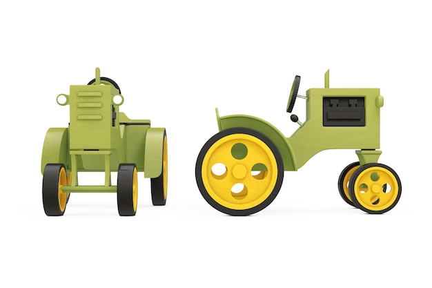 Holzspielzeug-Traktor auf weißem Hintergrund. 3D-Rendering