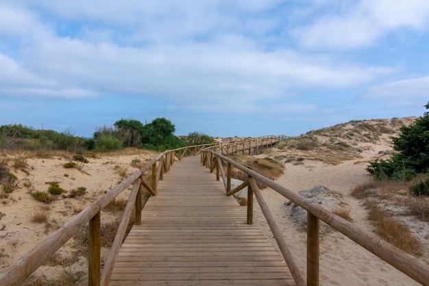 Holzsteg durch die Dünen für den Zugang zum Strand von Cadiz