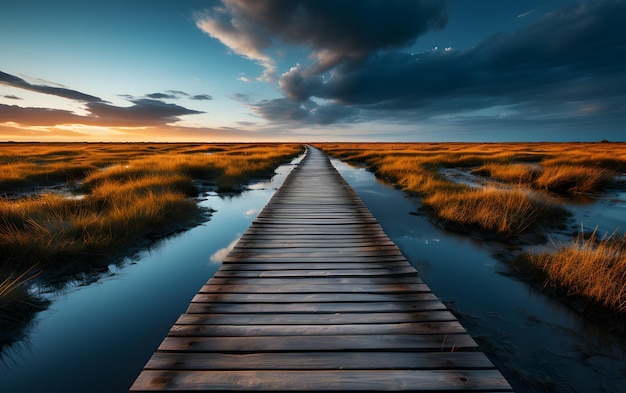 Holzsteg und dunkle Wolken