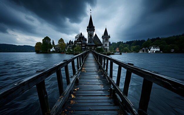 Holzsteg und dunkle Wolken