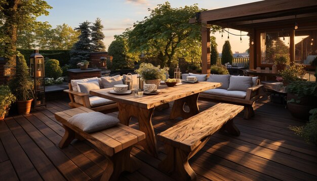 Holzstuhl in einer modernen Terrasse, Naturentspannung im Sommer, erzeugt durch künstliche Intelligenz