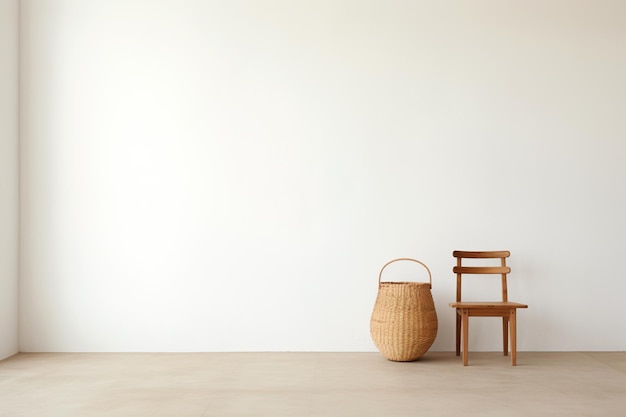 Holzstuhl neben einem Korb in einem weißen Zimmer