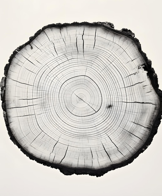 Holzstumpf, der auf weißem Hintergrund isoliert ist, rund geschnittener Baum mit Textur von Jahresringen
