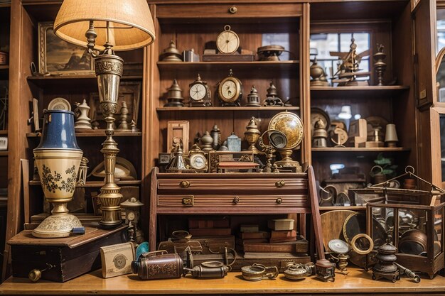 Foto holztafel in einem antiquitätenladen mit vintage-artikeln