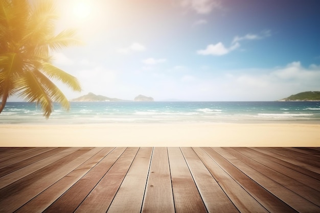 Foto holzterrasse mit tropischem strand und palmen im hintergrund