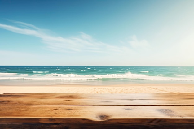 Holztisch am Strand mit dem Meer im Hintergrund