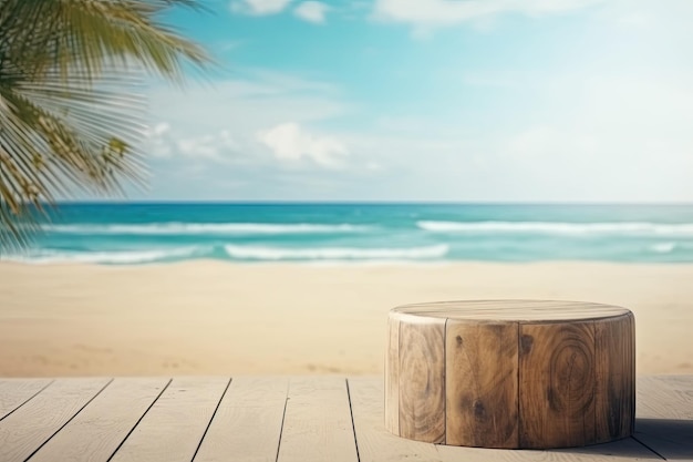 Holztisch an einem Sandstrand mit Blick auf das Meer im Hintergrund Generative KI