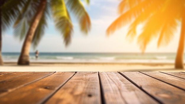 Holztisch an einem Strand mit Palmen im Hintergrund