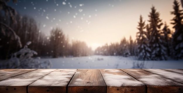 Holztisch-Attrappe mit fallendem Schnee auf dem Hintergrund. Leerer Raum für Produktpräsentation. Generative KI