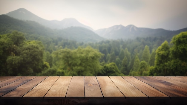 Holztisch-Attrappe mit malerischem grünen Wald im Hintergrund. Leerer Raum für Präsentation. Generative KI