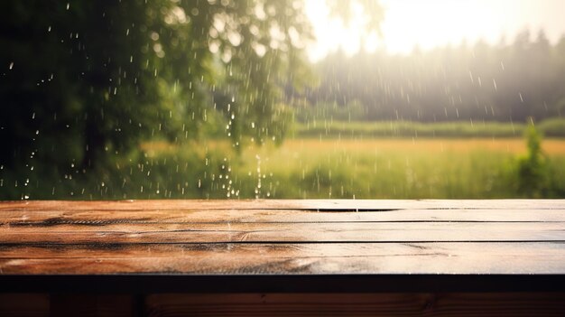 Holztisch-Attrappe mit Sommerregen über grüner Landschaft. Leerer Raum für Präsentation. Generative KI