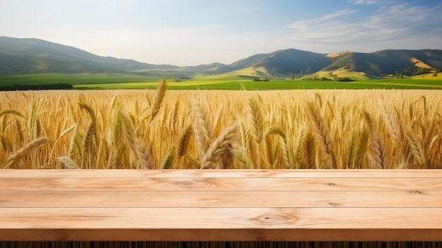 Holztisch auf einem Feld in einem Weizenfeld