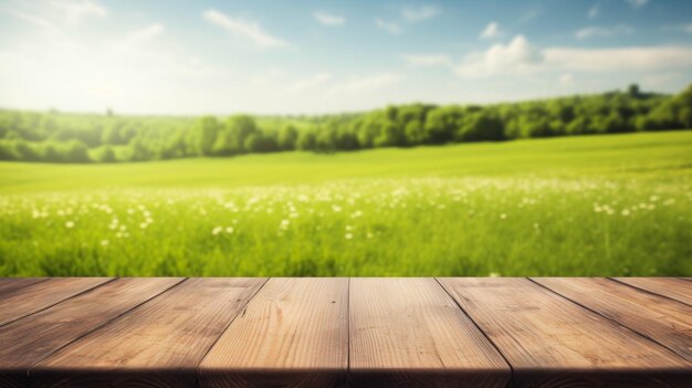 Holztisch auf einem grünen Feld