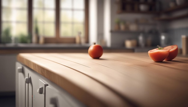 Holztisch auf einer defokussierten Küchenbank Innenhintergrund generiert von KI