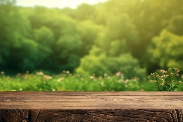 Holztisch auf grünem Hintergrund