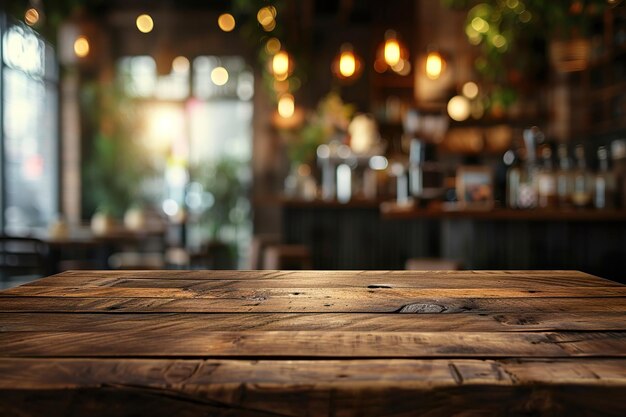 Holztisch auf verschwommenem Hintergrund des Cafés, des Cafés und der Bar