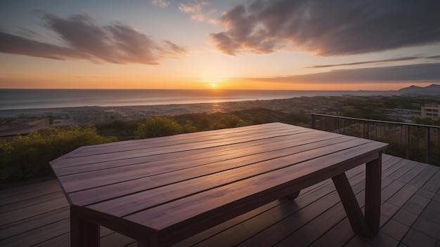 Holztisch bei Sonnenuntergang Naturhintergrund Generative KI