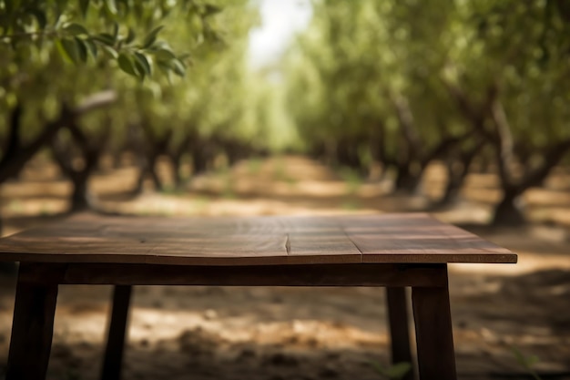 Holztisch für die Produktpräsentation im Obstgarten generative KI