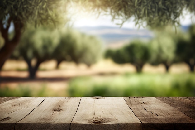 Holztisch für die Produktpräsentation mit Bokeh-Hintergrund eines natürlichen Olivenfeldes