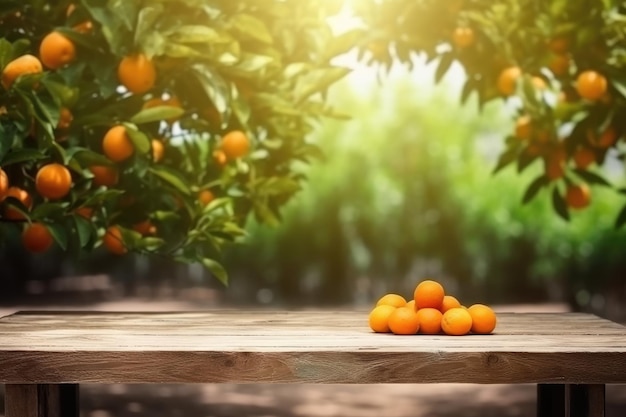 Holztisch für Produkt- und Warenpräsentation und Orangenbäume im Hintergrund Generative KI