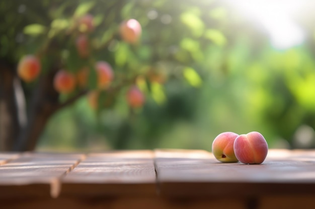 Holztisch für Produktpräsentation im Pfirsichgarten generative KI