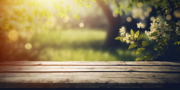 Holztisch im Garten mit Bokeh Lights und Flare