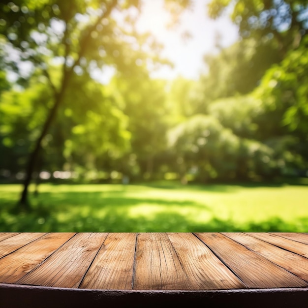 Holztisch im Garten mit schönem Naturhintergrund