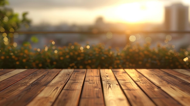 Holztisch im Hintergrund einer Sonnenuntergangsstadt