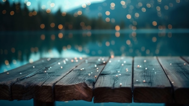 Holztisch im See am Berg mit Bokeh Lights