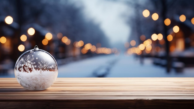 Holztisch im Vordergrund, bunter Neujahrshintergrund im Hintergrund