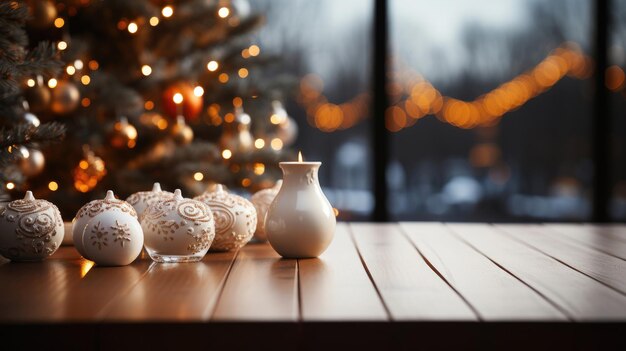 Foto holztisch im vordergrund, bunter neujahrshintergrund im hintergrund