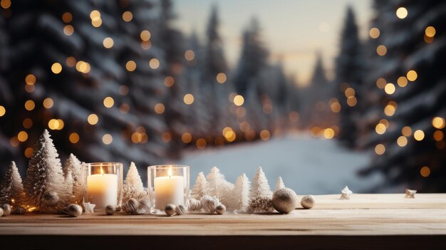 Holztisch im Vordergrund, bunter Neujahrshintergrund im Hintergrund