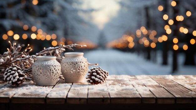 Foto holztisch im vordergrund, bunter neujahrshintergrund im hintergrund