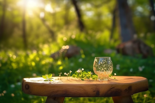 Holztisch in einem Garten, während die Sonne scheint