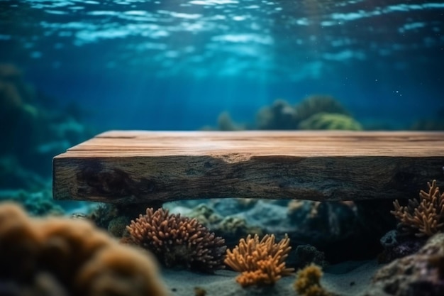 Holztisch in einem Unterwasserkorallenriff mit verschwommenem Hintergrund