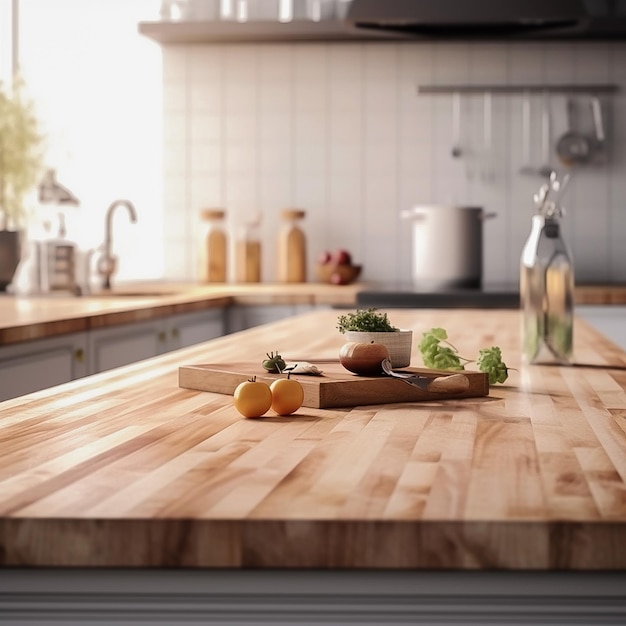 Holztisch in einer hellen Küche, Nahaufnahme, Tageslichtraum für die Gestaltung generativer KI