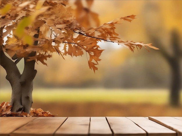 Holztisch in herbstlicher Landschaft mit leerer Produktpräsentation