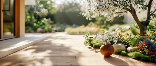 Holztisch in natürlicher Außenumgebung Frühlings- oder Sommerhintergrund für die Produktdarstellung Frisches und helles Designkonzept