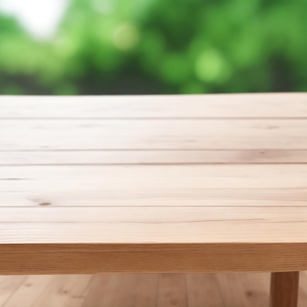 Holztisch, leerer Tisch vor einem von KI erzeugten verschwommenen Hintergrund