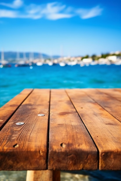 Holztisch mit blauem Meer und Himmel im Hintergrund