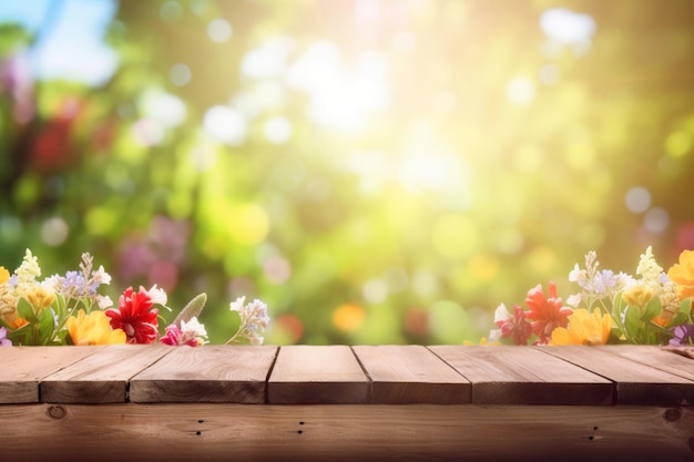 Holztisch mit Blumen im Hintergrund