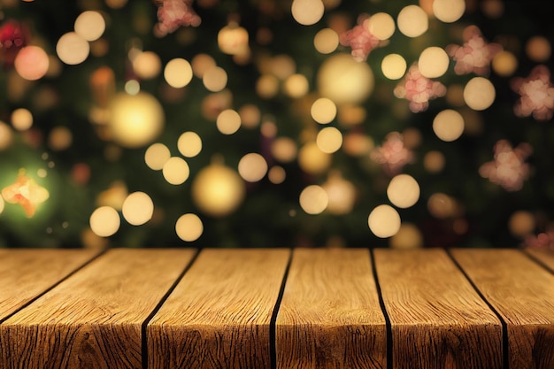 Holztisch mit Bokeh-Weihnachtshintergrund