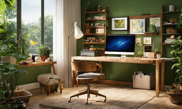 Holztisch mit Computermonitor, Schreibwaren und Lampe im gemütlichen Innenraum